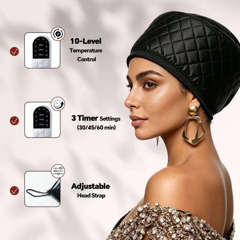 Electric Hair Steamer Cap with 10-Level Quick Heat and 3 Time Settings for Deep Conditioning