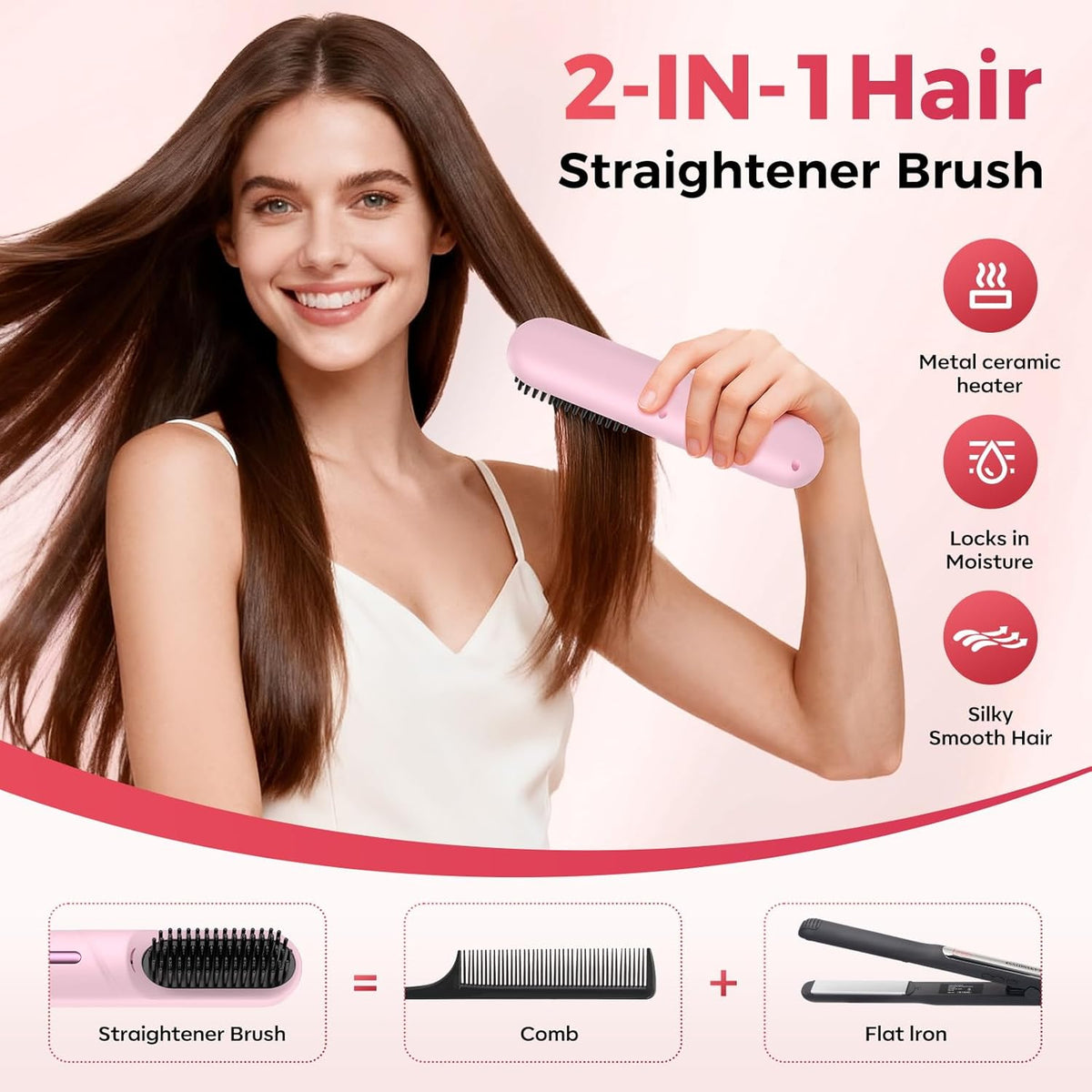 Cordless Hair Straightener Brush for Short Hair, Portable with 300M Negative Ions & 4 Heat Settings
