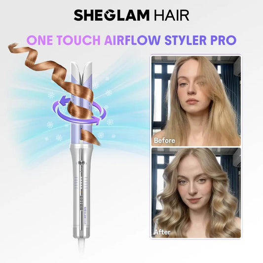 One Touch Airflow Styler Pro - Silver Purple Cool Air Auto-Rotating Curling Iron for 5 Min Quick Styling