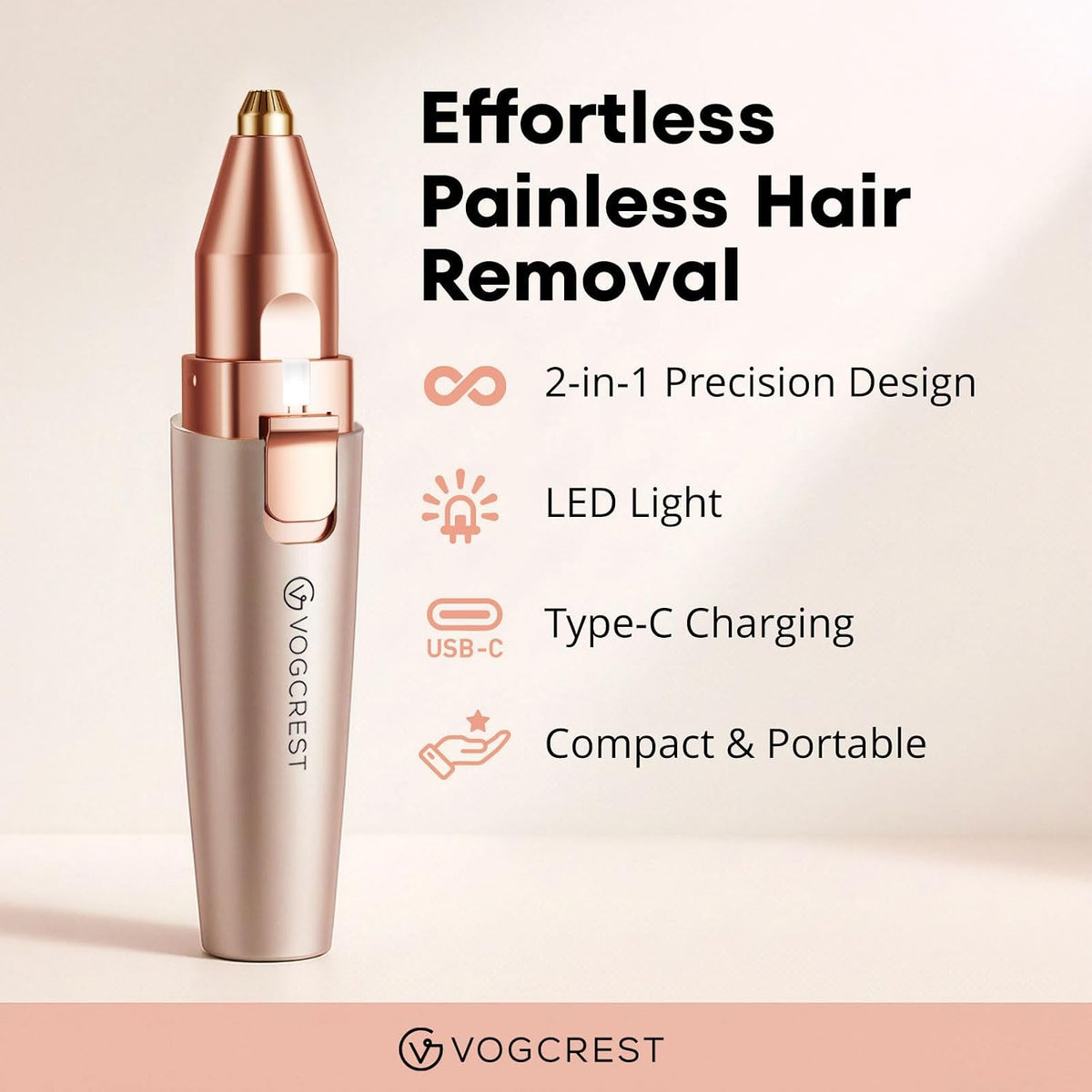 2-in-1 Rechargeable Eyebrow & Facial Hair Trimmer with LED Light - Rose Gold