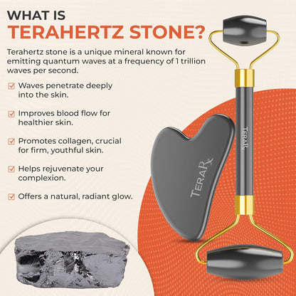 TeraRX® Terahertz Gua Sha & Facial Roller Set – 100% Authentic Terahertz Stone Face Roller to Reduce Puffiness, Improve Wrinkle Lines & Relieve Facial Tension – Perfect for Eye Massage and Relaxation