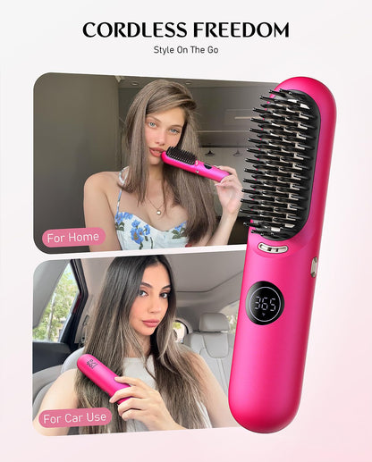 Portable Hair Straightener Brush, Cordless Straightening Comb with Large Heating Area & Ceramic Coating - Pink