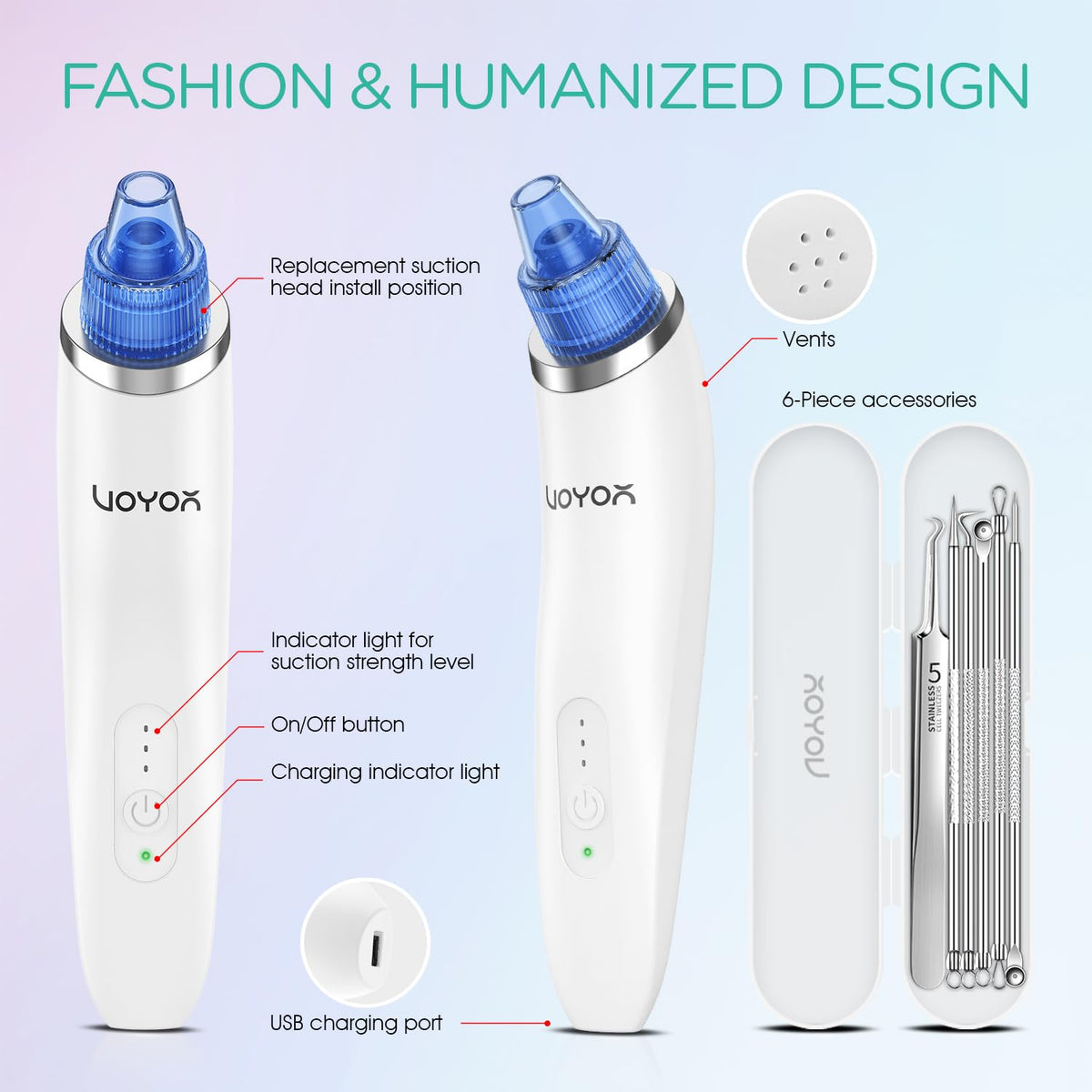 Blackhead Remover Pore Vacuum - Electric Face Cleaner with 6 Suction Heads