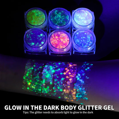 6 Colors Glow in The Dark Glitter Gel for Face, Body, and Hair - UV Black Light Party Makeup