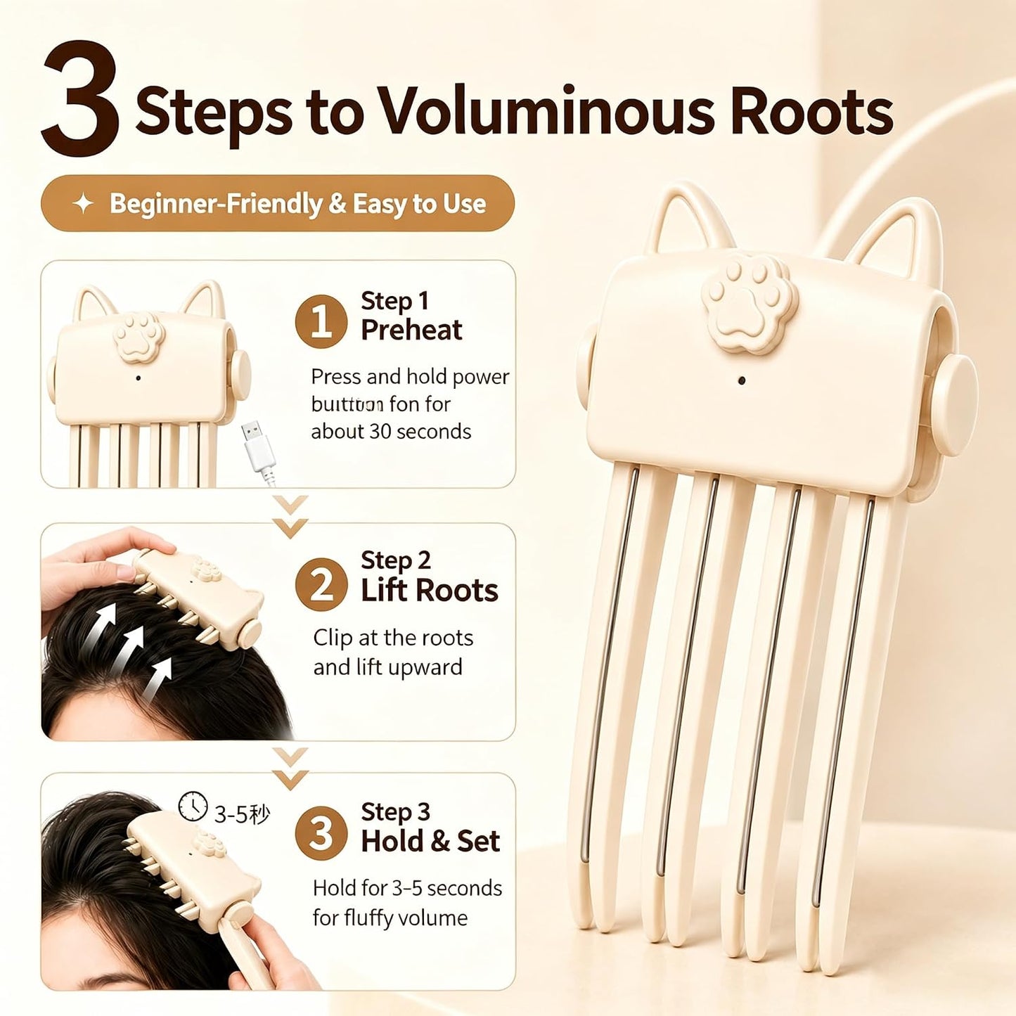 Heated Hair Volume Clip, Electric Volumizing Root Lifter with 2 Heat Settings