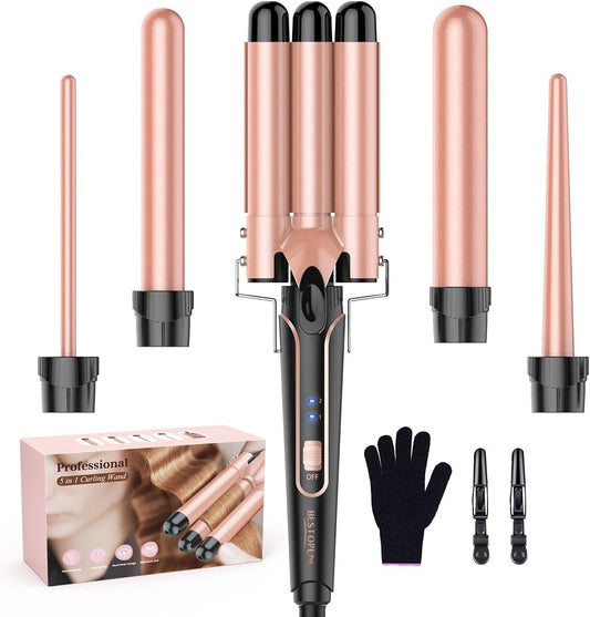5 in 1 Curling Wand Set with 3 Barrel Hair Crimper, Ceramic Tourmaline Hair Waver for All Hair Types