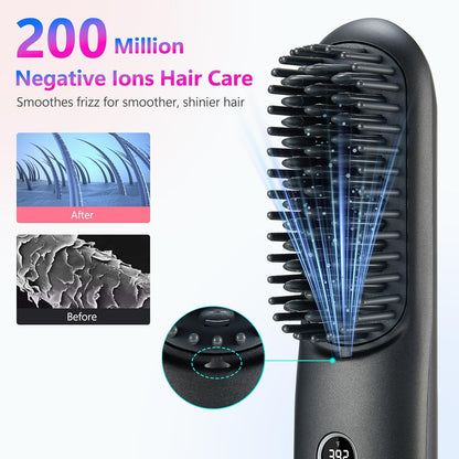 LCD Screen Cordless Hair Straightener and Curler 2 in 1, Rechargeable Negative Ionic Brush