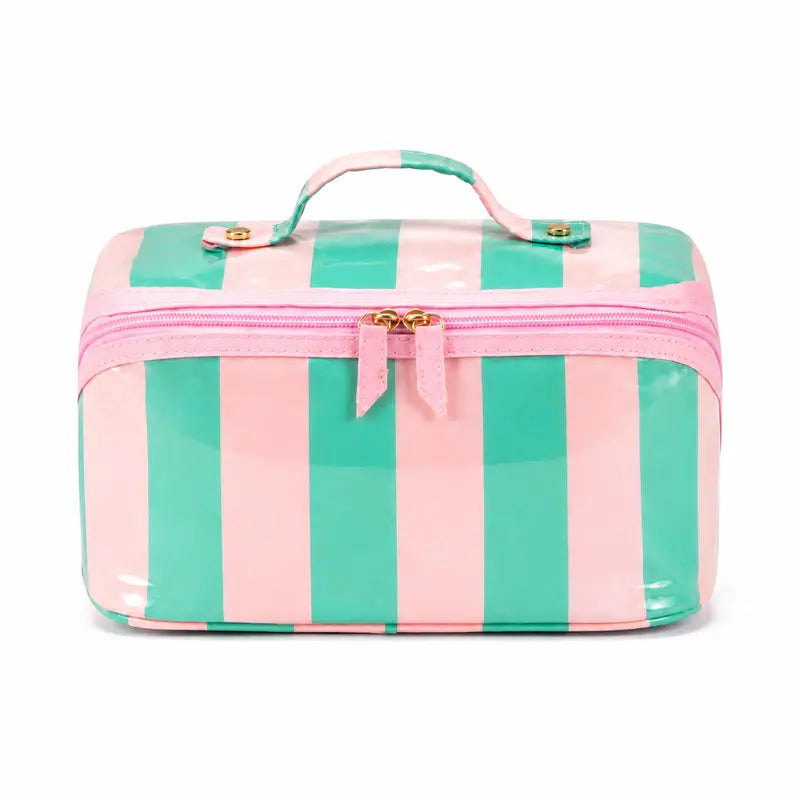 Large Capacity Striped Makeup Bag, Waterproof PVC Travel Organizer with Wide-Mouth Opening