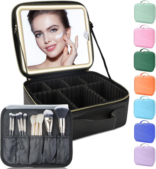 Makeup Bag with LED Mirror, 3 Color Settings, Portable Storage and Adjustable Dividers