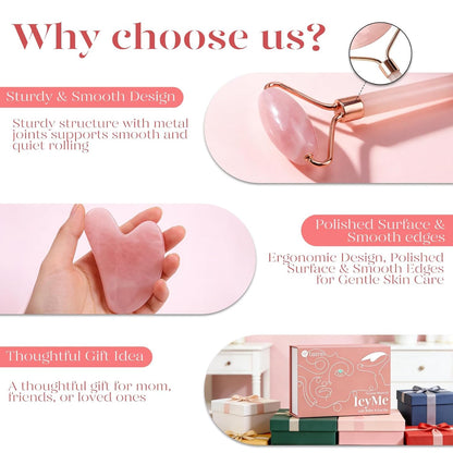 Rose Quartz Roller & Gua Sha Set, Cooling Face Roller for Depuffing & Lymphatic Massage