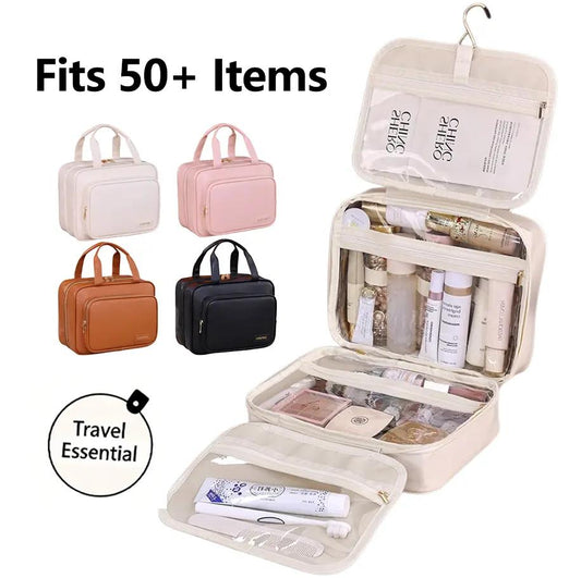 Waterproof PU Leather Makeup Bag with Hook - Extra Large Capacity & Transparent Dividers