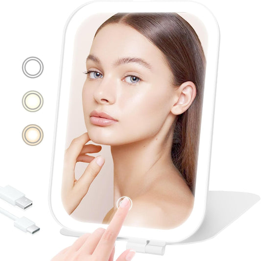 Portable Travel Makeup Mirror with 3 Adjustable Light Settings, USB Rechargeable Vanity Mirror