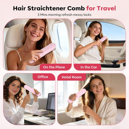 Cordless Hair Straightener Brush for Short Hair, Portable with 300M Negative Ions & 4 Heat Settings