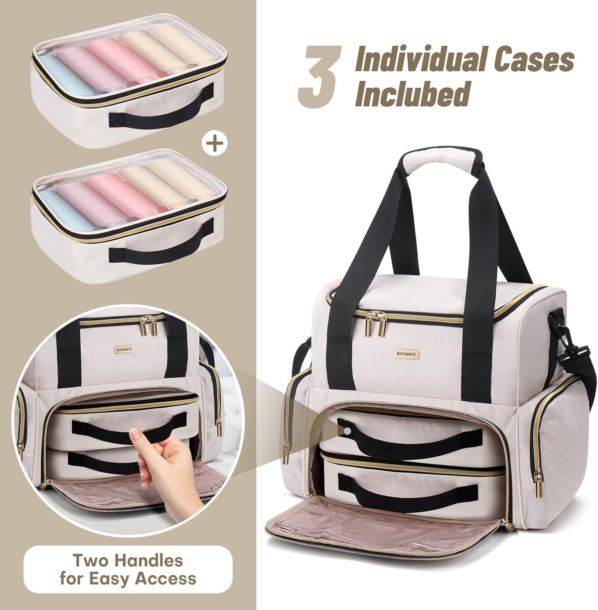 Large Double Layer Travel Makeup Organizer Case with 2 Removable Toiletry Bags