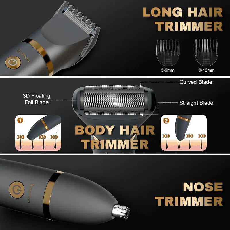 3 in 1 Electric Body Hair Trimmer and Groin Groomer for Men, Waterproof Nose Shaver