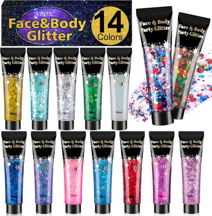 14 Colors Body Glitter Gel Set, Face & Hair Glitter for Festivals, Rave Accessories & Party Supplies