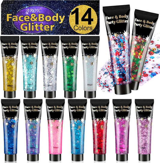 14 Colors Body Glitter Gel Set, Face & Hair Glitter for Festivals, Rave Accessories & Party Supplies
