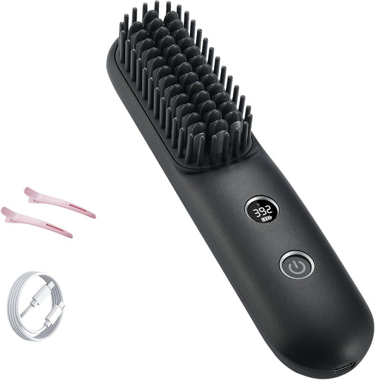 STUDLLY LCD Screen Cordless Hair Straightener and Curler 2 in 1, Rechargeable Portable Mini Travel Negative Ionic Hair Straightening Brush for Women, Fast Heating Hot Comb for Women, Black