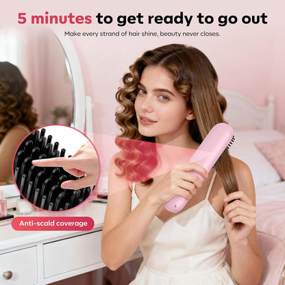 Cordless Hair Straightener Brush for Short Hair, Portable with 300M Negative Ions & 4 Heat Settings