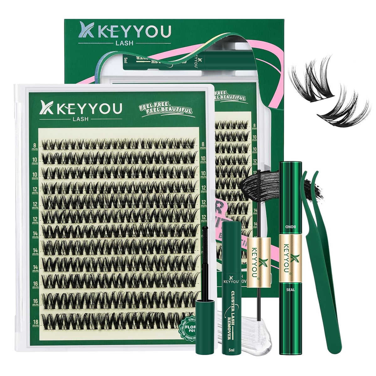 Flora Lash Clusters Kit - 132pcs D Curl Natural Extension Set with Bond, Seal, and Remover