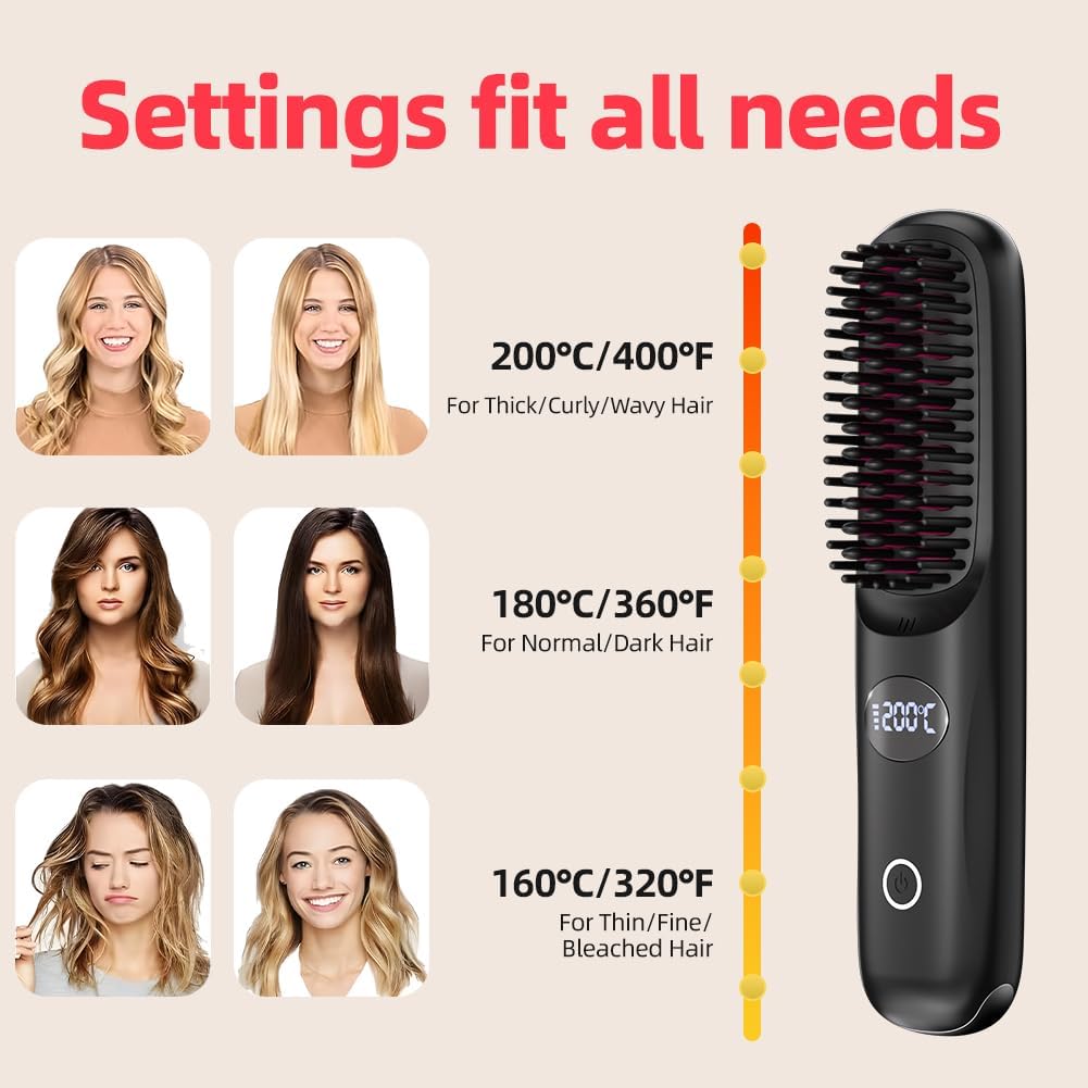 Cordless Hair Straightener Brush - Portable Mini Hot Comb with Negative Ion and LED Display