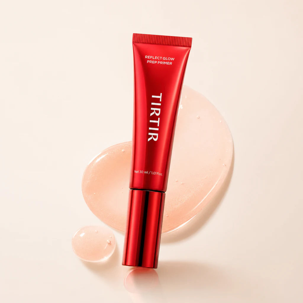 Reflect Glow Prep Primer beside a translucent peach primer texture