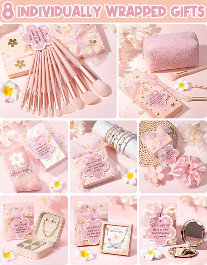 Easter Basket Gifts for Tween & Teen Girls, 8 PCS Birthday Gift Teenage Girl Gifts Trendy Stuff w/Fun Task Tag Makeup Brushes & Bag, Empower Positive Wrapped Gift Prefilled Stuffers for Daughter Niece