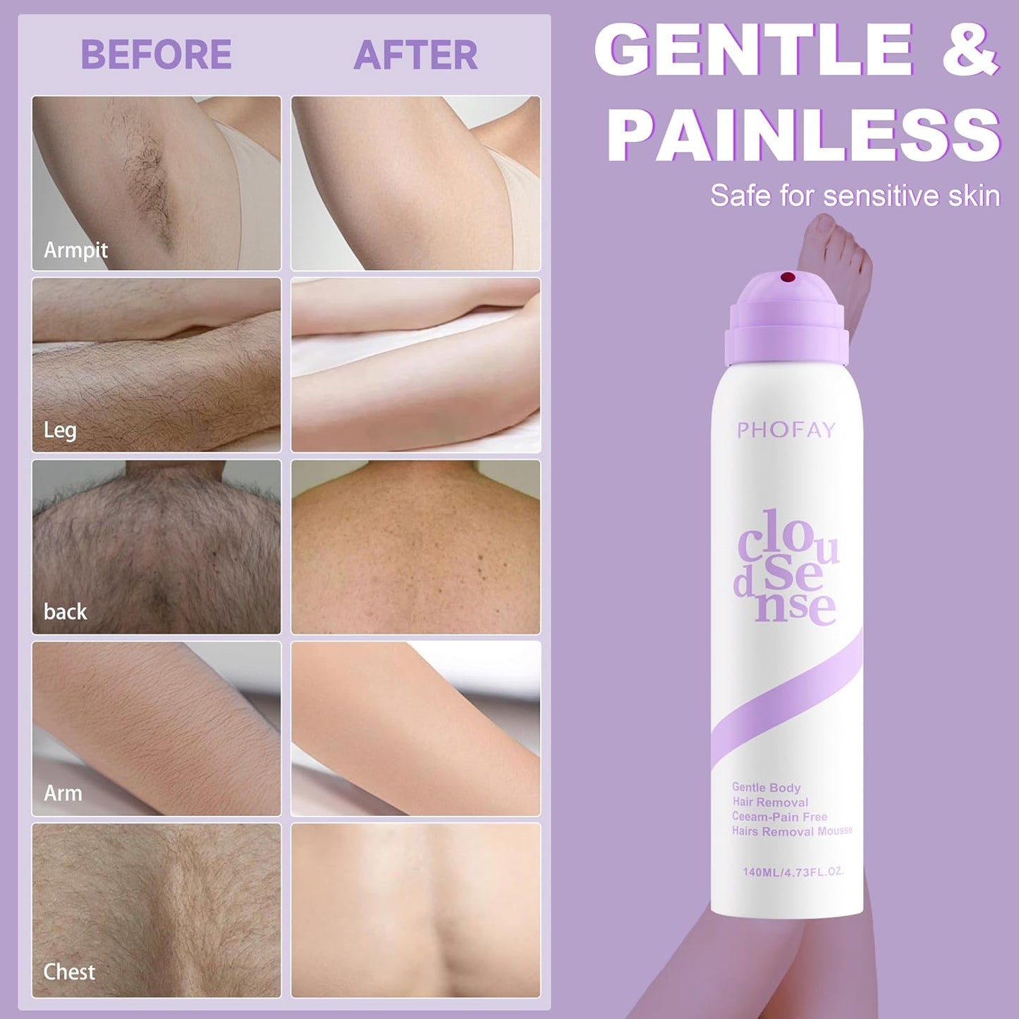 Hair Removal Spray for Women & Men, Sensitive Skin Fast-Acting Aloe Hyaluronic Acid Depilatory Cream