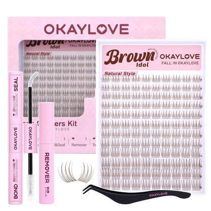 Brown Idol Lash Clusters Kit - Clear Band Natural Wispy Eyelash Extensions with Bond and Seal, 9-16mm