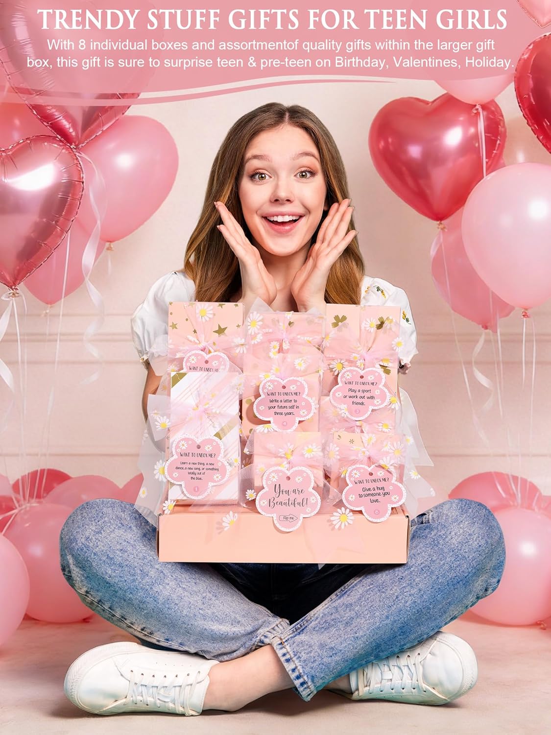 Easter Basket Gifts for Tween & Teen Girls, 8 PCS Birthday Gift Teenage Girl Gifts Trendy Stuff w/Fun Task Tag Makeup Brushes & Bag, Empower Positive Wrapped Gift Prefilled Stuffers for Daughter Niece