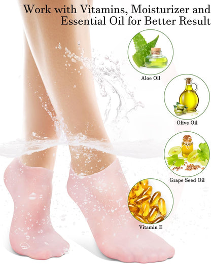 Silicone Moisturizing Socks for Dry Cracked Feet, Soft Gel Spa Pedicure Socks for Heel Care, Pink