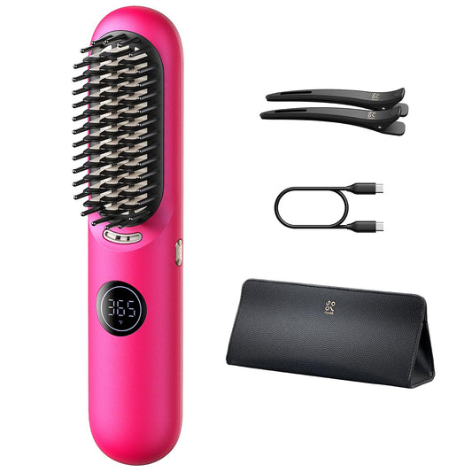 Portable Hair Straightener Brush, Cordless Straightening Comb with Large Heating Area & Ceramic Coating - Pink
