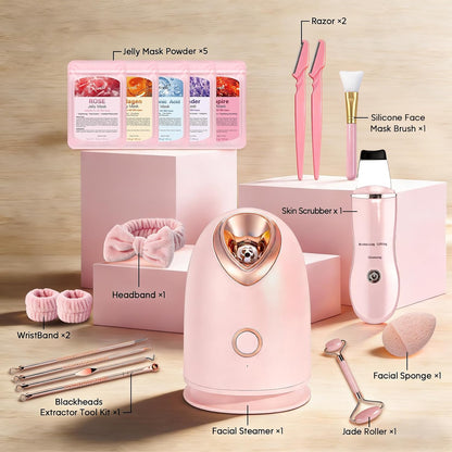 Nano Ionic Facial Steamer Spa Kit with Skin Scrubber and 8-Piece Skincare Tool Set