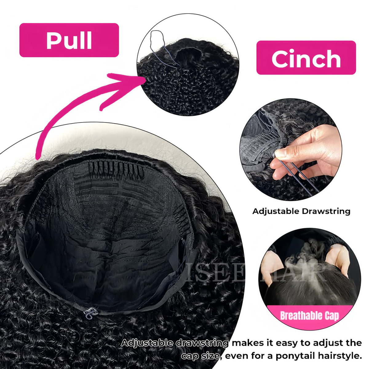 3-in-1 Half Wig Human Hair Glueless Kinky Curly Drawstring Seamless Clip-In Flip Over Wig 180% Density 18 Inch