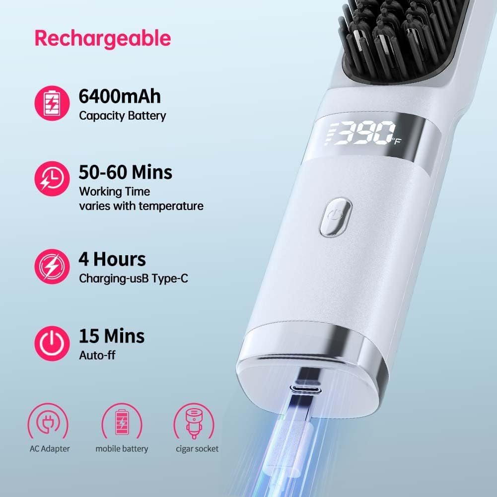 Cordless Hair Straightener Brush - Portable USB Charging Comb with LCD Display (White)