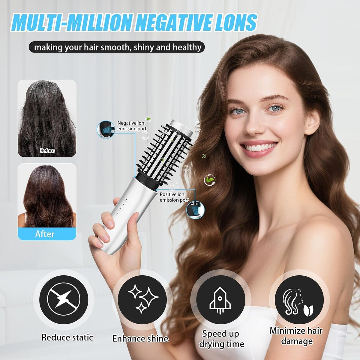 Cordless 1.5-inch Curling Iron Brush, 3-in-1 Portable Heated Round Straightening Brush