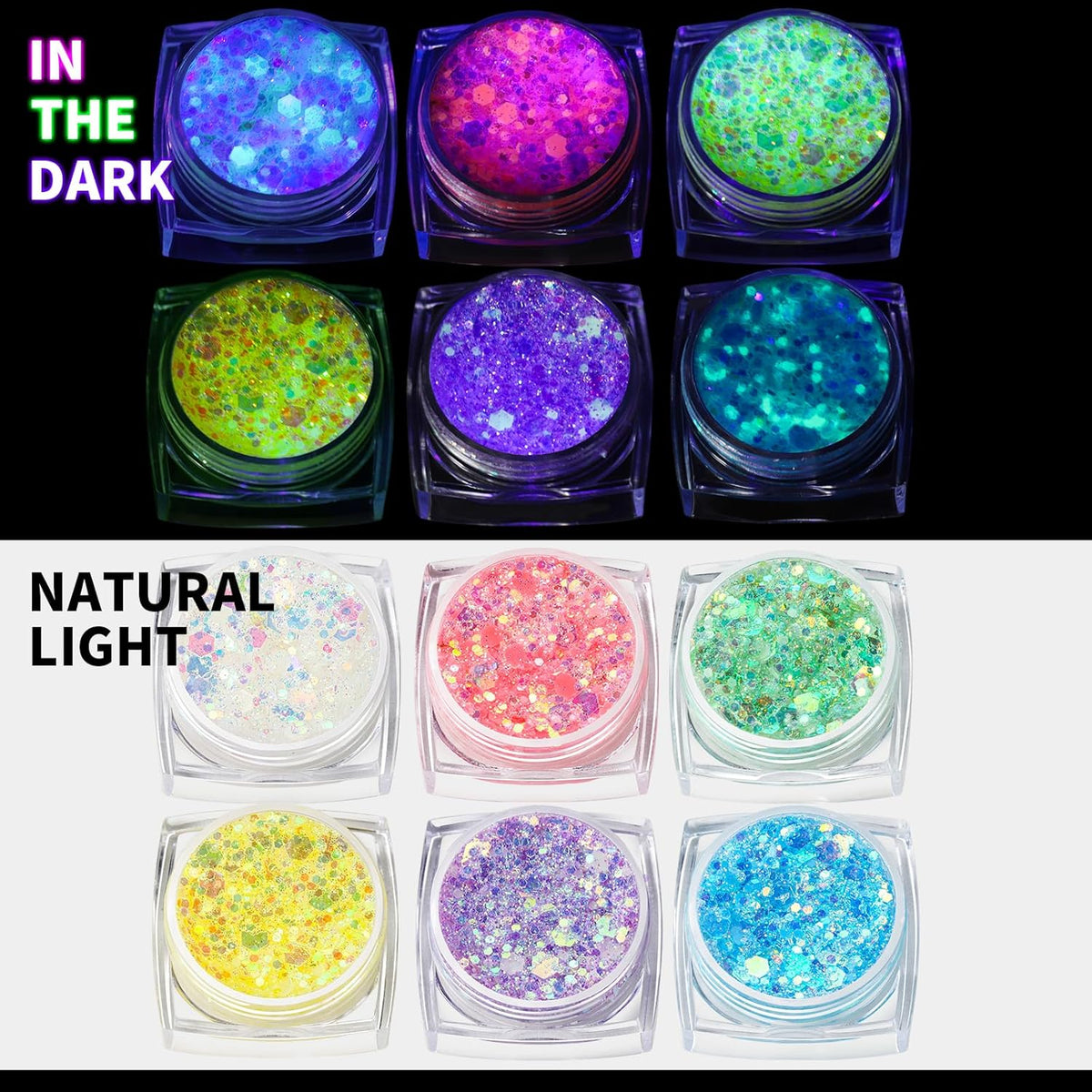 6 Colors Glow in The Dark Glitter Gel for Face, Body, and Hair - UV Black Light Party Makeup