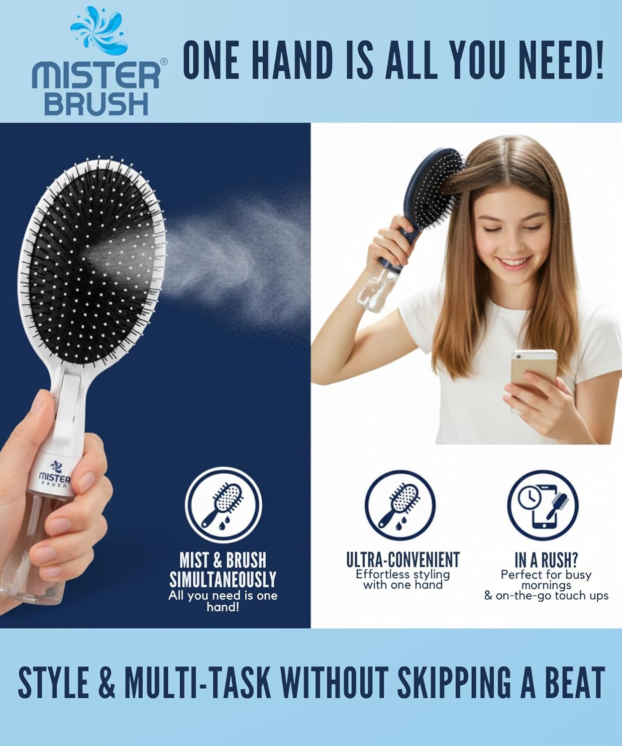 2-in-1 Misting Hairbrush - Innovative Spray-Integrated Detangling Tool for Wet & Dry Styling (White)