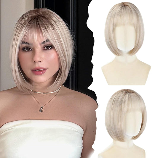 Ash Blonde Bob Wig with Bangs, Glueless Lace Front Short Wig, Protein Synthetic Fiber, 12 Inch Heat Resistant
