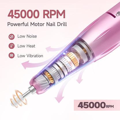 Professional 45000RPM Rechargeable Cordless Electric Nail Drill for Acrylic and Gel Nails