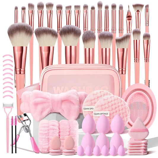 70Pcs Pink Makeup Brushes Set - Professional Multi-functional Kit with Case and Accessories