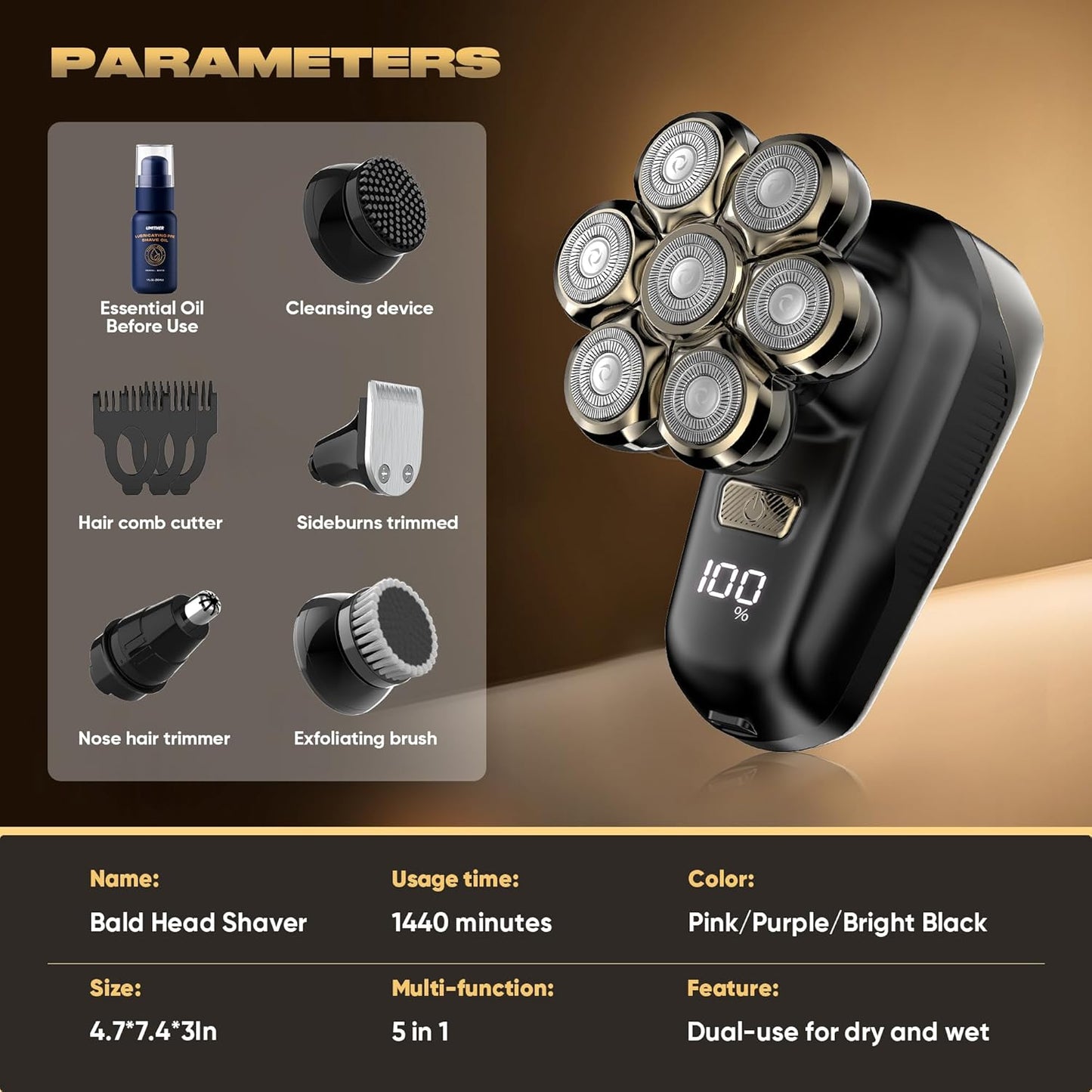7D Magnetic Electric Shaver for Women & Men, Waterproof Bald Head Trimmer Kit with USB Charging