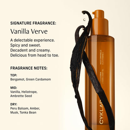 Vitamin C Body Oil - Moisturizing Vanilla Verve Scented Serum for Glowing Skin, 4.2 Fl Oz