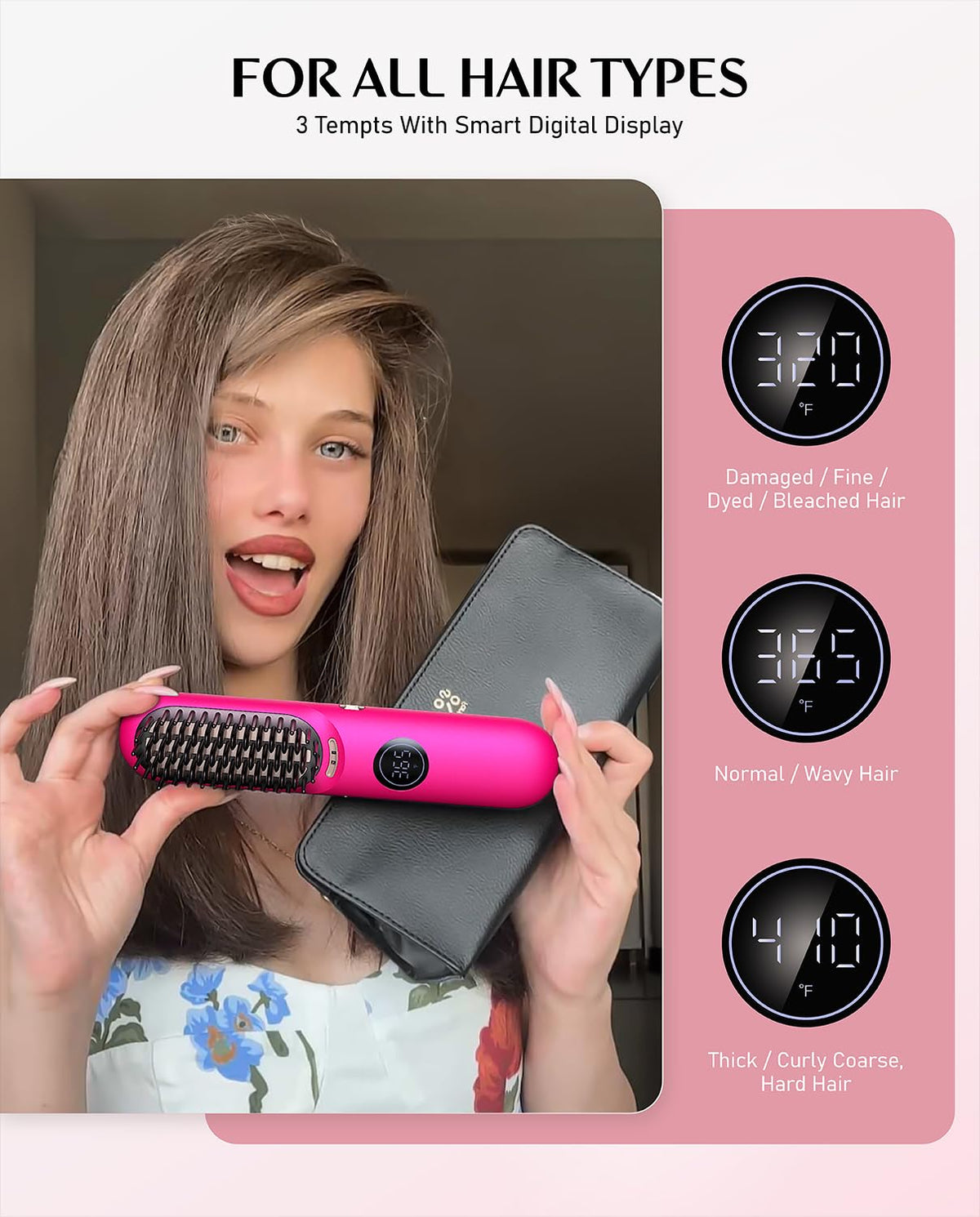 Portable Hair Straightener Brush, Cordless Straightening Comb with Large Heating Area & Ceramic Coating - Pink