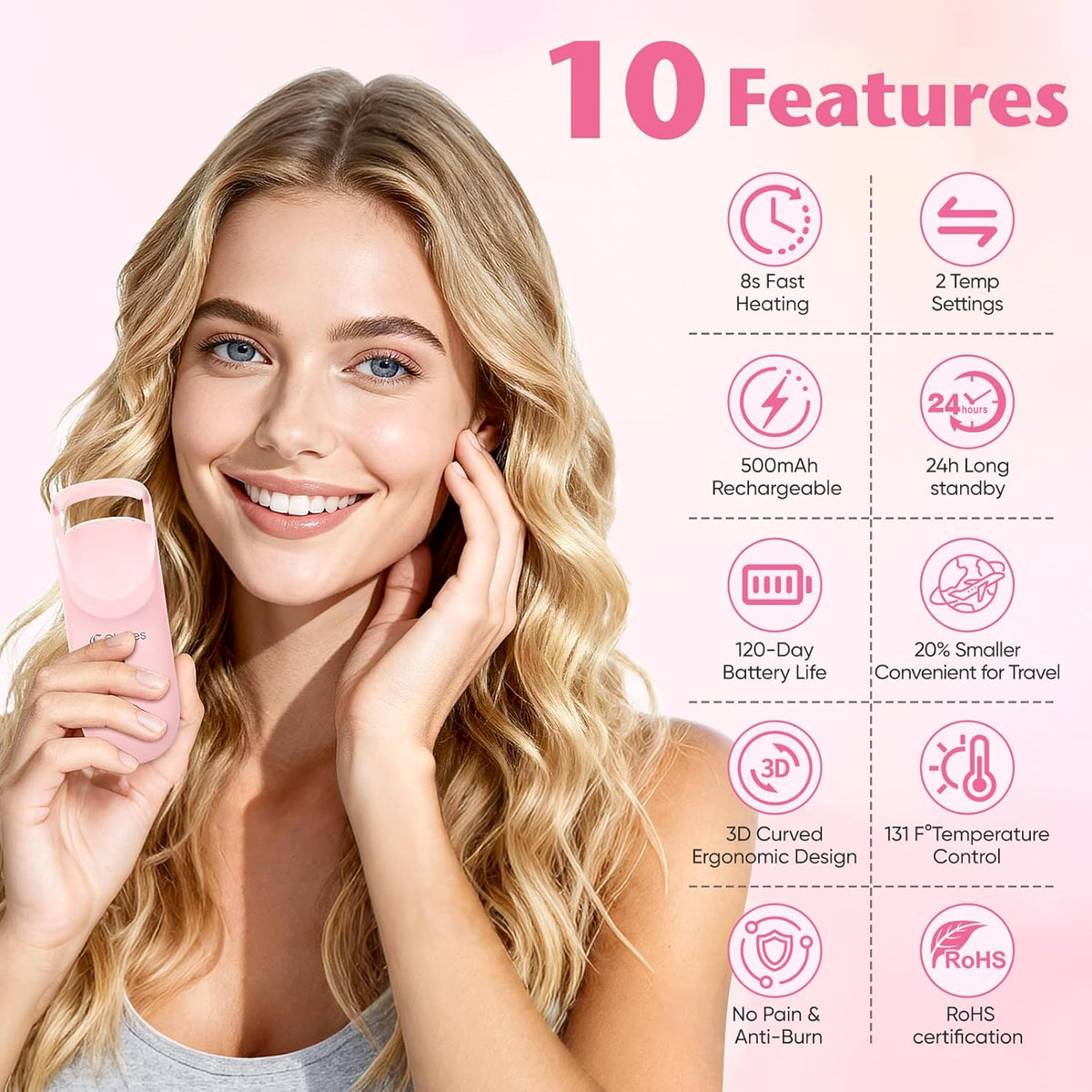 Heated Eyelash Curler - 10s Fast Heating, 24H Long-Lasting Natural Curl
