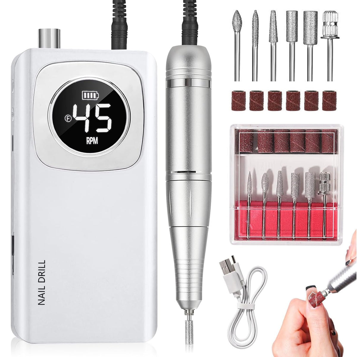 Portable Professional Nail Drill 45000 RPM, Rechargeable Electric File for Acrylic Gel