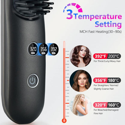 LCD Screen Cordless Hair Straightener and Curler 2 in 1, Rechargeable Negative Ionic Brush