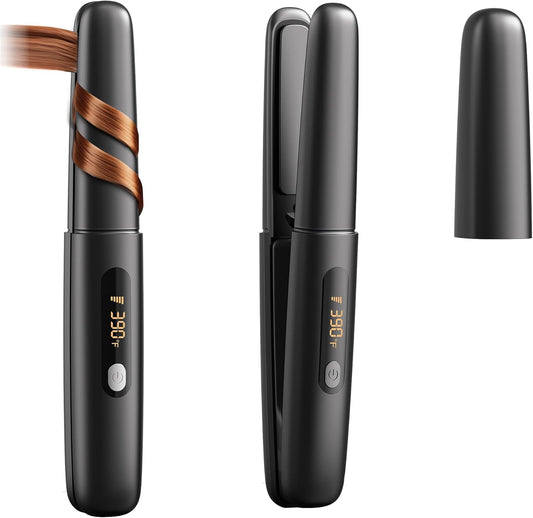 Cordless 2-in-1 Hair Straightener and Curler, Mini Portable Ceramic Flat Iron with 4500mAh Battery
