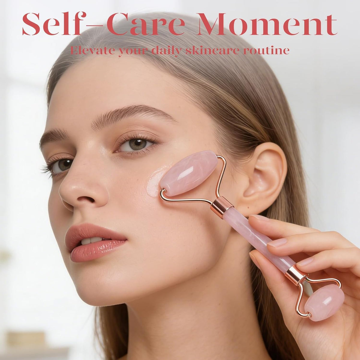 Rose Quartz Roller & Gua Sha Set, Cooling Face Roller for Depuffing & Lymphatic Massage