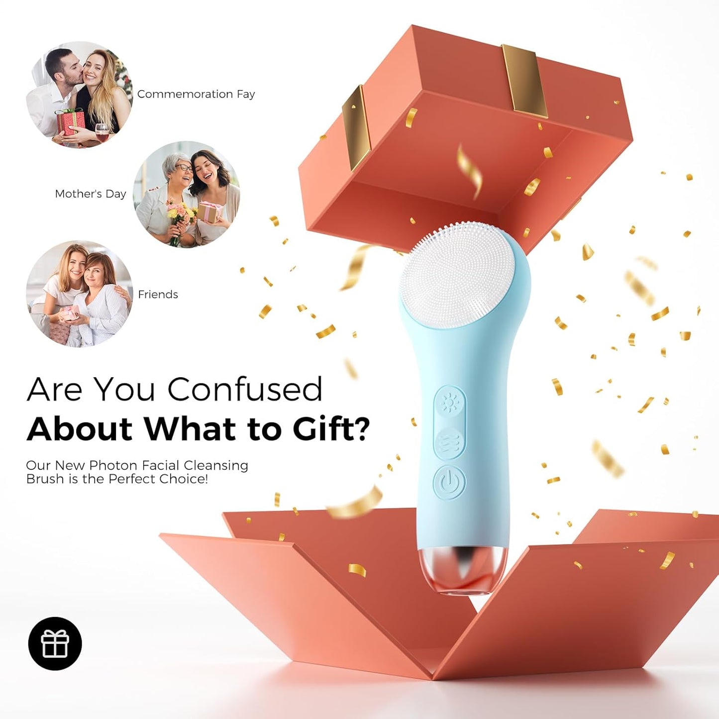 Face Scrubber Facial Cleansing Brush - Waterproof and Rechargeable Face Cleansing Brush with 4 LED Gentle Light, Cleansing, Exfoliating and Massaging, Electric Face Scrub Brush for Men & Women